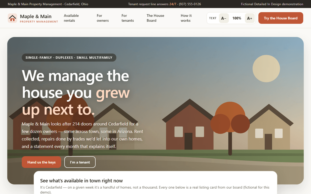 Maple & Main Property Management demo site homepage