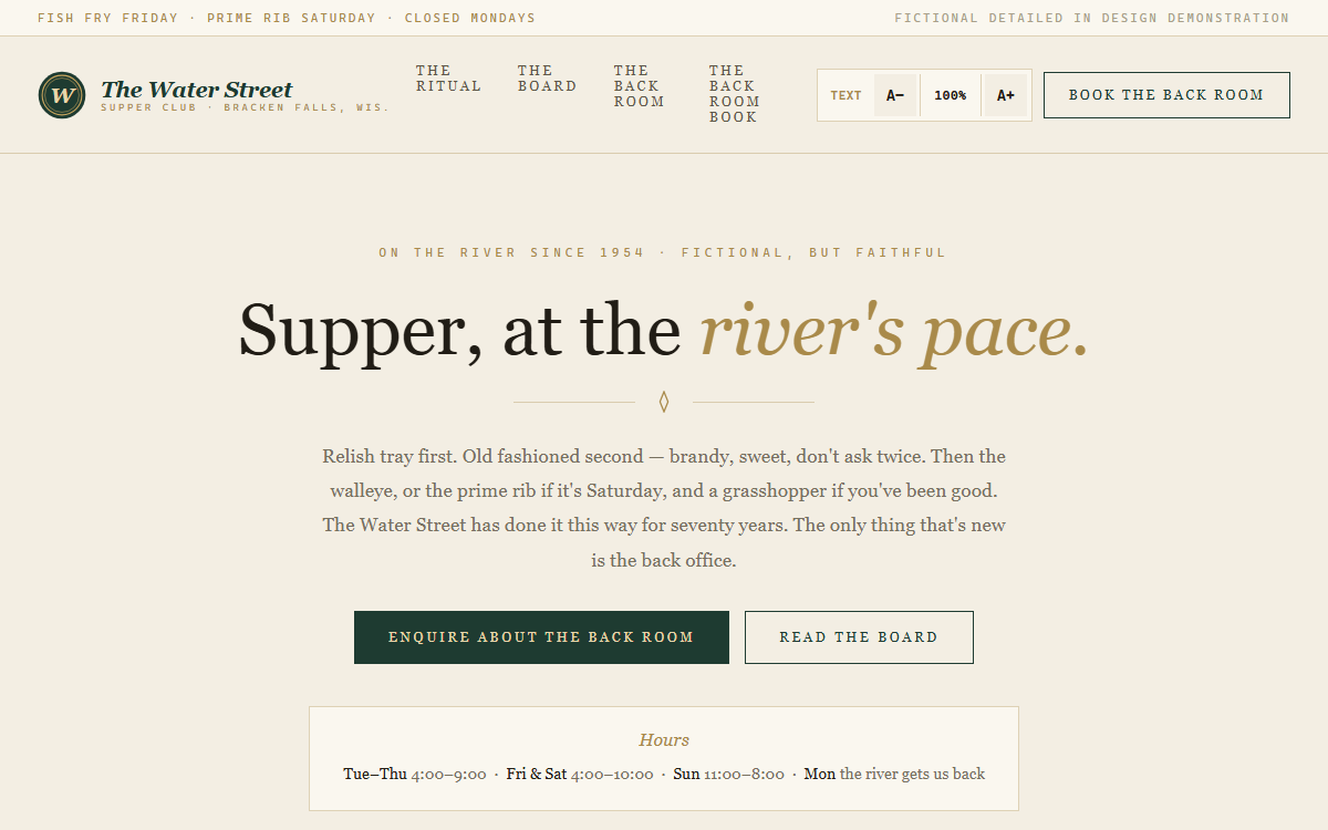 The Water Street Supper Club demo site homepage
